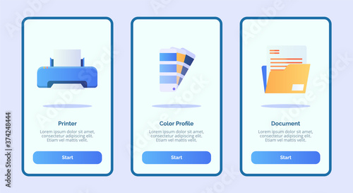 Printer color profile document for mobile apps template banner page UI with three variations modern flat color style
