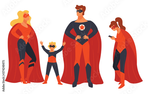 Super hero family of parents and kids vector