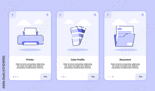 Printer color profile document onboarding screen for mobile apps template banner page UI with three variations modern flat outline style