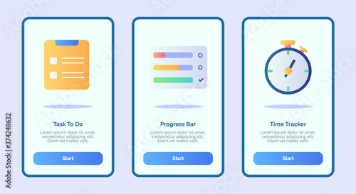 Task to do progress bar time tracker for mobile apps template banner page UI with three variations modern flat color style.