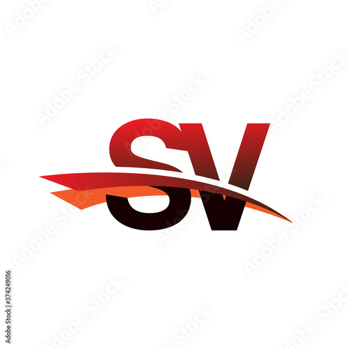initial letter SV logotype company name colored black and red swoosh design.