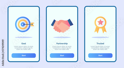 Goal partnership trusted for mobile apps template banner page UI with three variations modern flat color style.