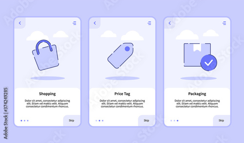 Shopping price tag packaging onboarding screen for mobile apps template banner page UI with three variations modern flat outline style