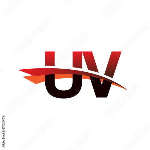 initial letter UV logotype company name colored black and red swoosh design.