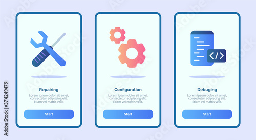 Repairing configuration debuging for mobile apps template banner page UI with three variations modern flat color style