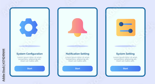 ystem configuration notification setting system setting for mobile apps template banner page UI with three variations modern flat color style