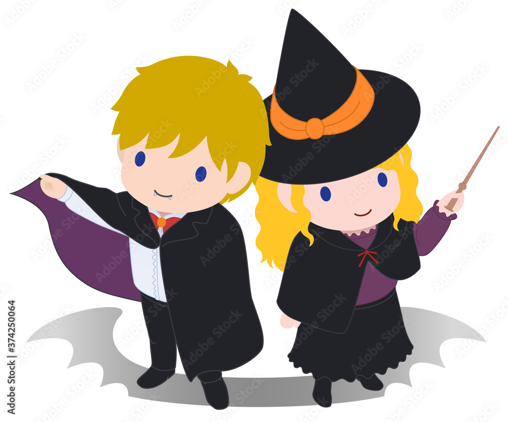可愛い吸血鬼と魔女 魔法の杖 俯瞰 タイプa Stock イラスト Adobe Stock