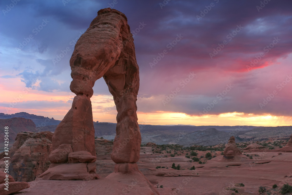 Delicate arch, unique angle at sunset. 