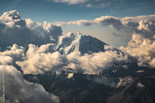 Snow montains of the Andes from plane view
