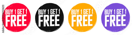 Set Buy 1 Get 1 Free tags, sale banners design template, grunge brush collection, limited time discount, app icons, vector illustration