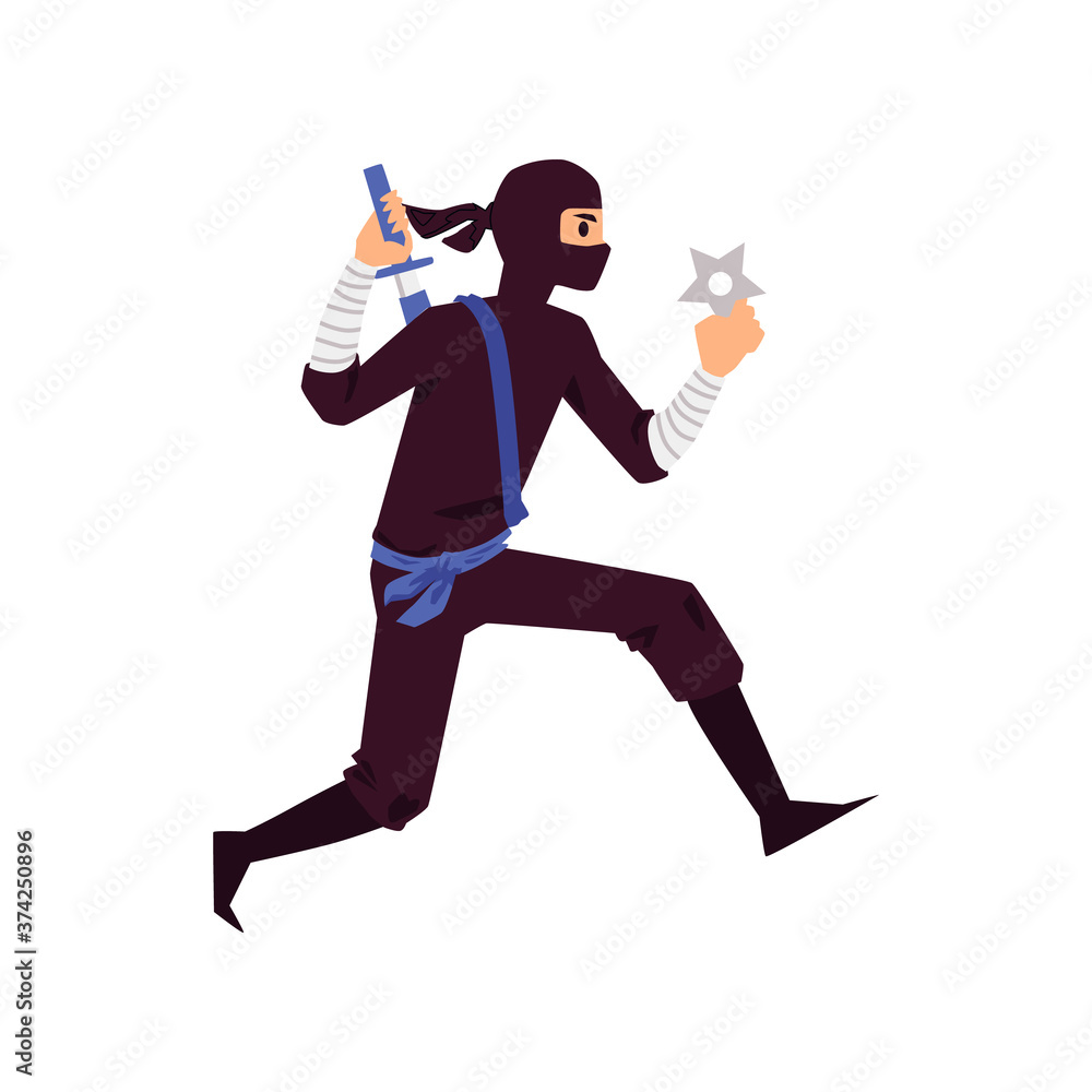 Ninja character with sword and shuriken flat vector illustration isolated. Ninja character with sword and shuriken flat vector illustration isolated.