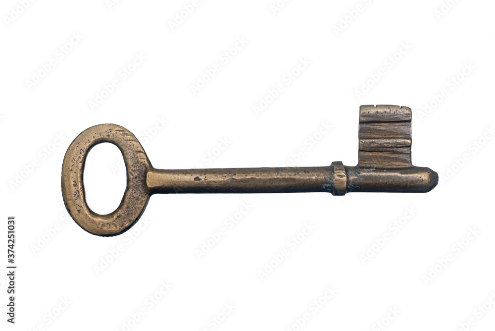 antique golden door key isolated on white background. close up antique golden door key isolated on white background. close up