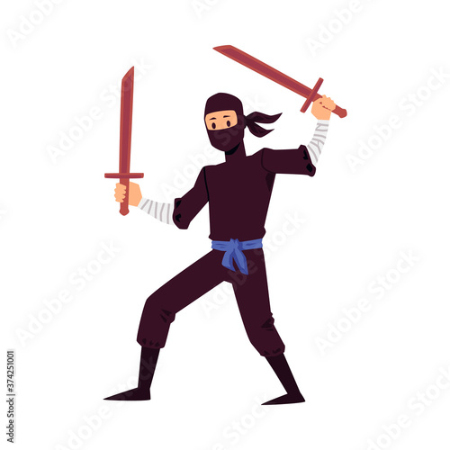 Vector illustration of a ninja with swords on a white background.