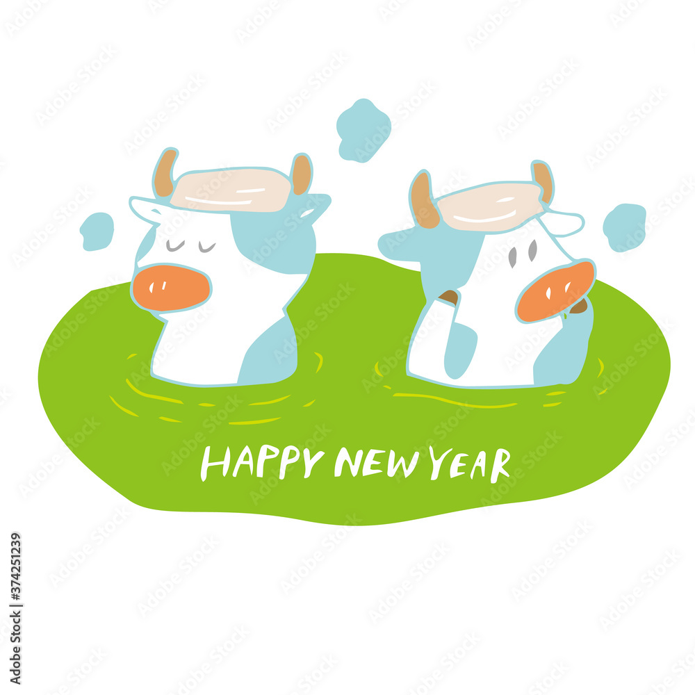 入浴する牛丑新年2匹文字入りstock Vector Adobe Stock