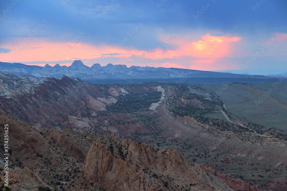 Strike Valley Overlook view of the Waterpocket Fold, Capitol Reef National Monument at sunset