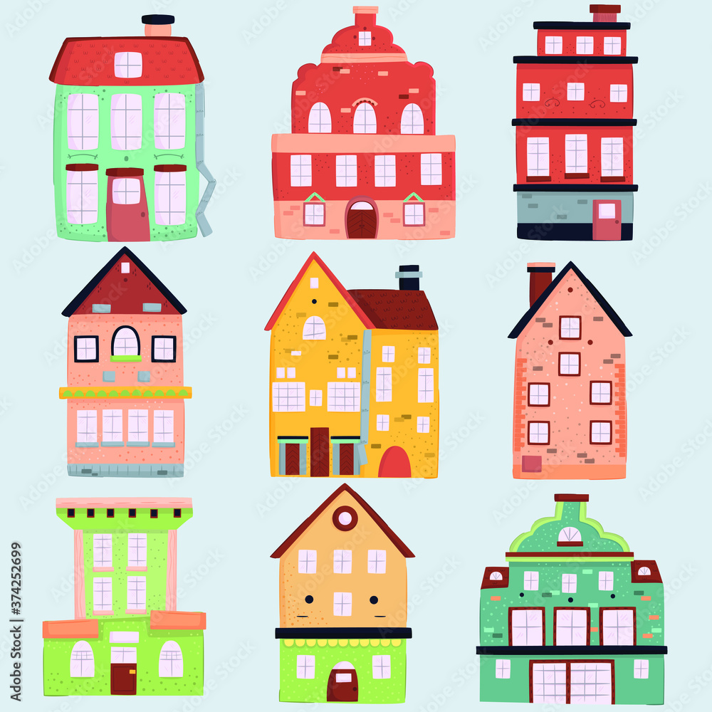 colored buildings hand drawn set