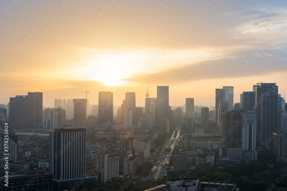 Chengdu, Sichuan Province, China - Apr 22, 2017: City skyline at sunrise Chengdu, Sichuan Province, China - Apr 22, 2017: City skyline at sunrise