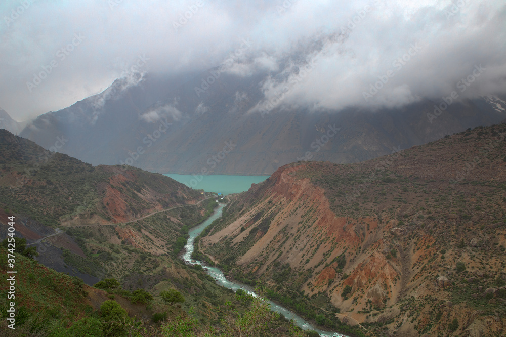 Tajikistan Fann Mountains Morning Mist with Iskanderkul Lake Valley Scene