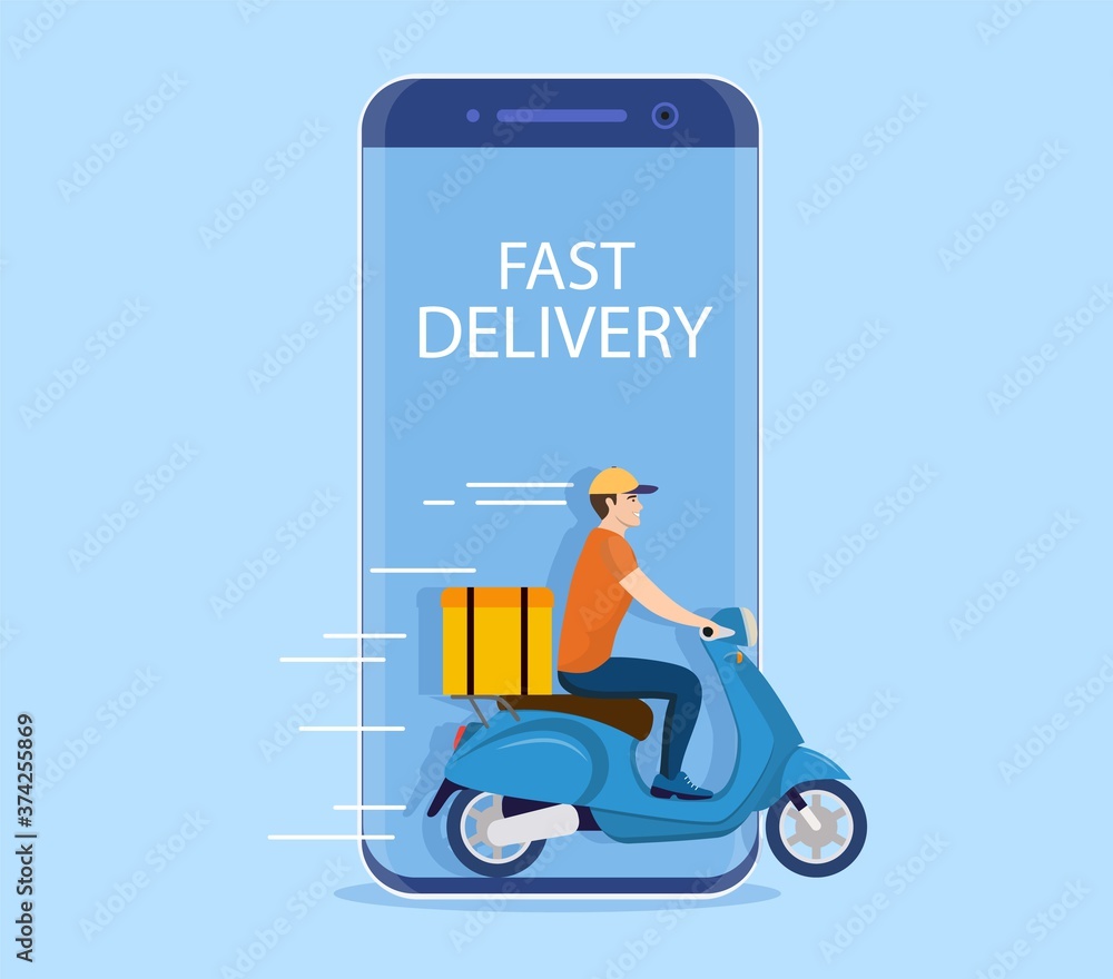 Online delivery service concept, delivery home and office. scooter courier. goods shipping, Delivery man riding a scooter out of the phone. Fast food delivery app Vector illustration in flat style