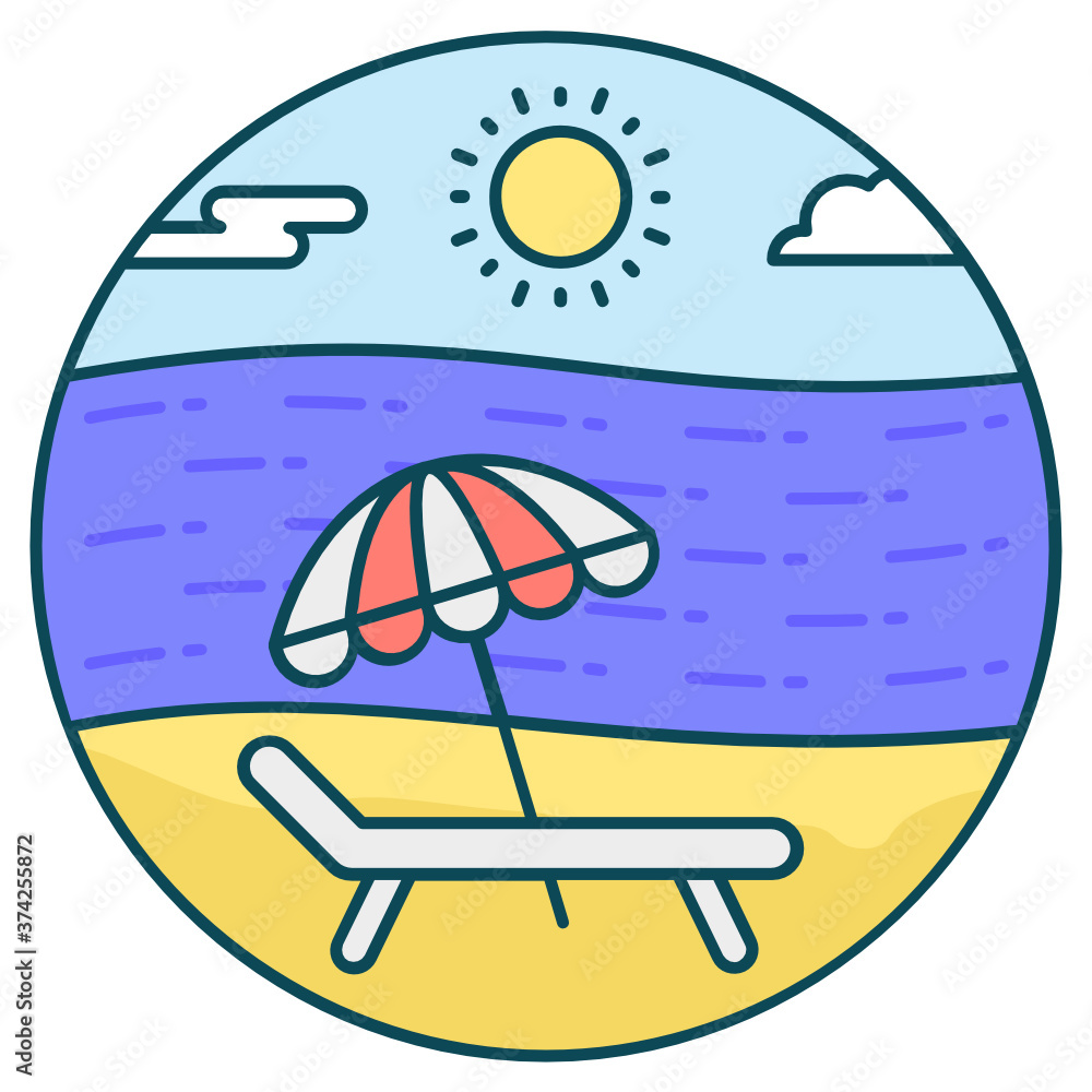 
A deck chair along seashore with sunshine depicting sunbath icon
