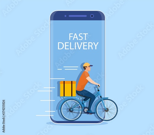 Online delivery service concept, delivery home and office. bicycle courier. goods shipping, Delivery man riding a bicycle out of the phone. Fast food delivery app Vector illustration in flat style