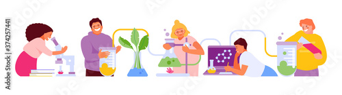 Children students work in a chemical and biological laboratory. Scientific experiment in chemistry class vector illustration