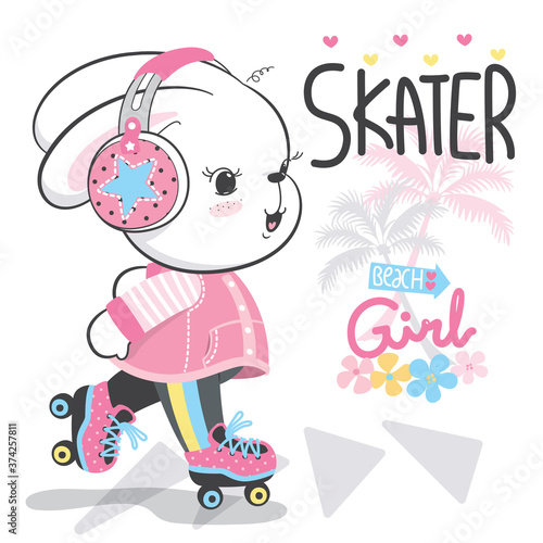 Happy cute rabbit cartoon playing roller skates wearing headphones and listening to music isolated on white background illustration vector.