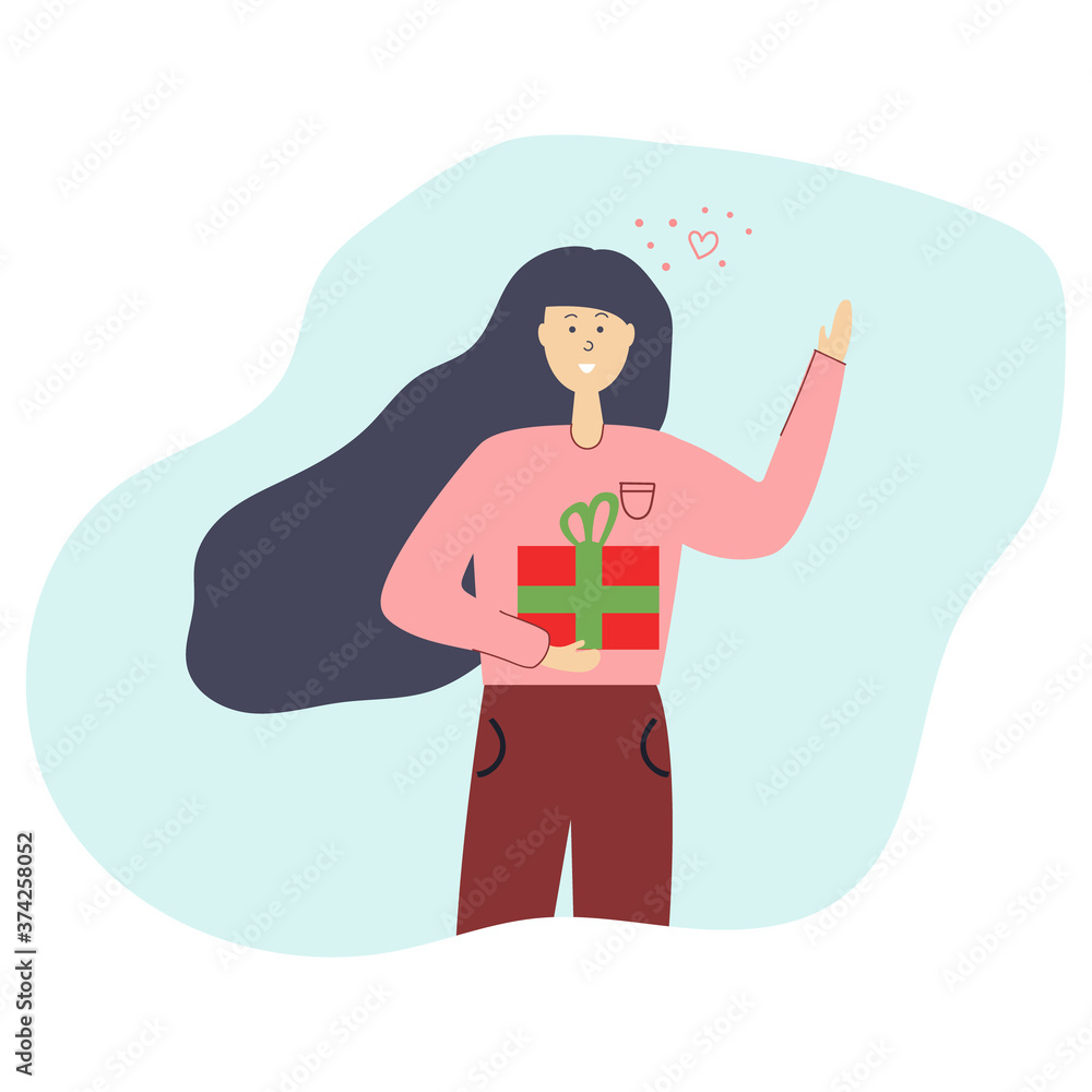Woman smile and hold gift box in her hand. Flat illustration.