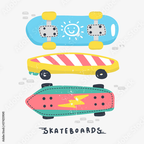 Skateboard vector illustration, T-shirt design for kids.