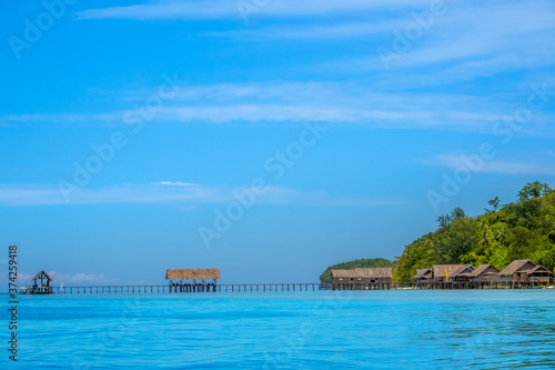 Tropical Stilt Huts and a Long Wooden Pier © goodman_ekim