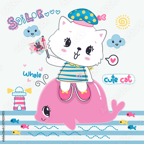 Sailor cat girl sitting on whale traveling in the sea vector illustration.