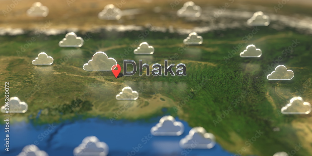 Cloudy weather icons near Dhaka city on the map, weather forecast related 3D rendering Cloudy weather icons near Dhaka city on the map, weather forecast related 3D rendering