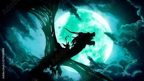 Fotografie The silhouette of a dead dragon with huge wings, flying against the background of a huge green moon in the clouds, on its back a rider with a scythe