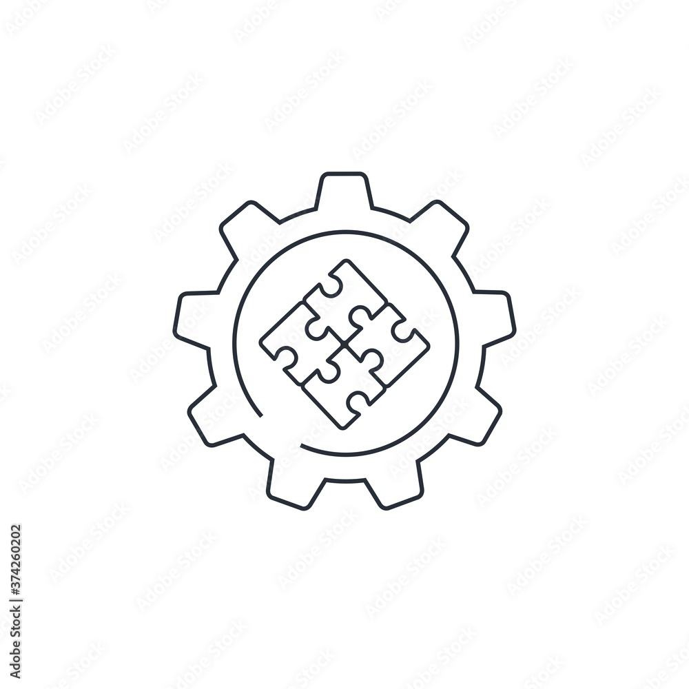 The rotation of the gear and the folded puzzle. Interaction process. Vector linear icon isolated on white background.