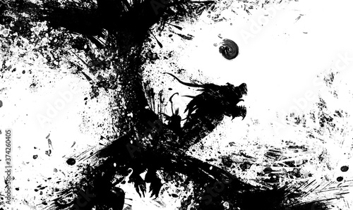 Fotografia The silhouette of a dead dragon with huge wings, horns sticking out sharp bones of the spine, on its back a rider with a scythe