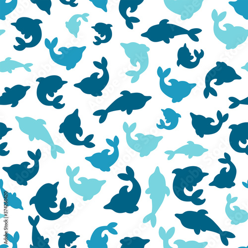 Seamless pattern with dolphins. Small and big dolphins in one pattern. Vector illustration