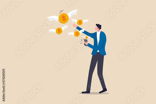 Financial smart phone application, online money transaction or mobile banking concept, young adult man using mobile banking application to transfer money or make online shopping transaction.
