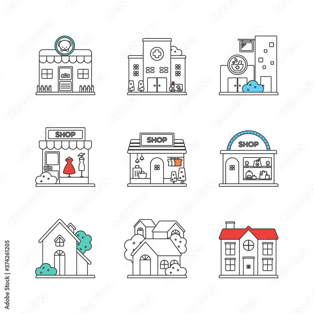 Line icons for medical facilities and various shops.
