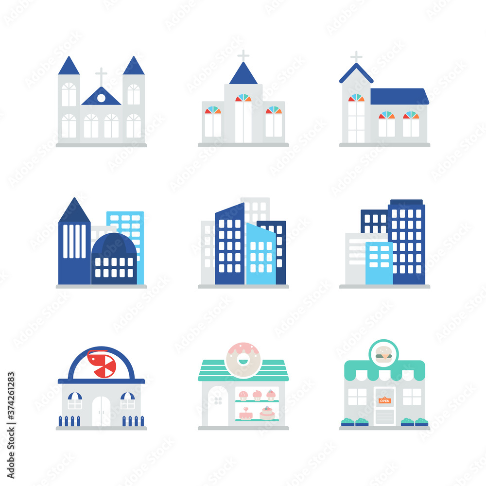 Flat icons about churches and various buildings.
