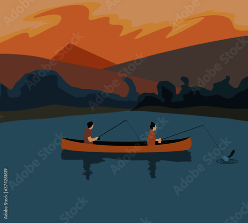 Two fisherman make social distancing in a yellow canoe is silhouetted against the blazing orange sky of a setting sun.Safety travel after COVID-19 quarantine.