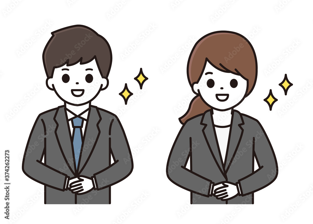 手を前で組むビジネスマンとビジネスウーマンのイラスト 手を前で組むビジネスマンとビジネスウーマンのイラスト