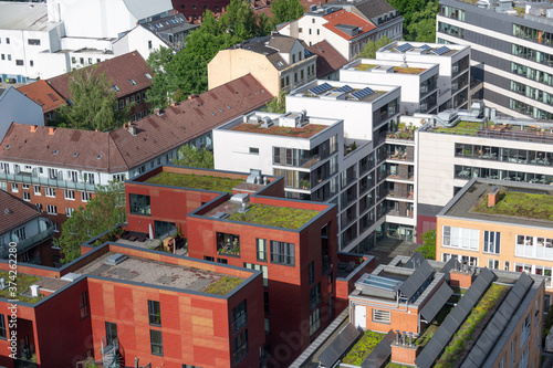 Photography Town house in big city with offices and apartments seen from above