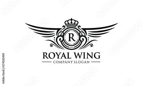 Classy Black Royal Wing Logo on White Background - Fancy Letter Crest Design - Elegant Vintage Brand Icon - Luxury Wing Initial Emblem - King Symbol Monogram - Heraldic Crown and Wings Badge Vector Il