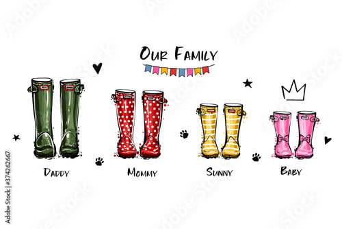 Happy home family four concept. Different colors wellies collection. Rubber boots autumn fall concept. Vector illustration in watercolor style. Decoration family card on white background.