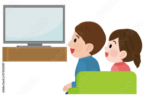 テレビ画面を見て笑う男女　イラスト