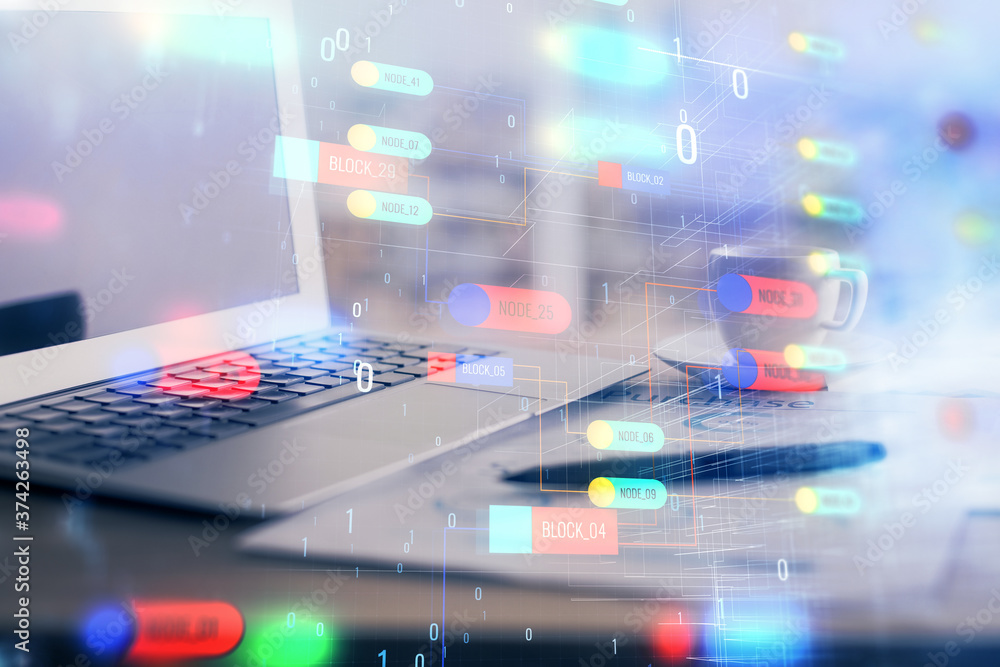 Double exposure of table with computer on background and data theme hologram. Data technology concept. Double exposure of table with computer on background and data theme hologram. Data technology concept.