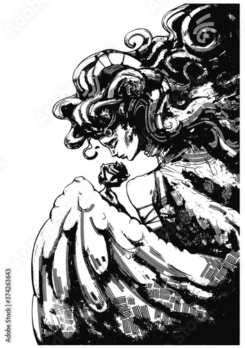 Cute angel girl with lush hair sniffs a rose, hiding behind a huge wing. 2D illustration