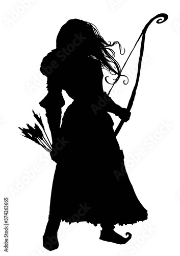 The silhouette of a girl archer with long hair fluttering in the wind, in one hand she has a long bow, in the other with her arms. 2D illustration...