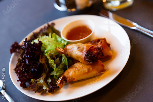 Fried spring rolls with vegetables and shrimps, served on ceramic plate with sauce and salad..