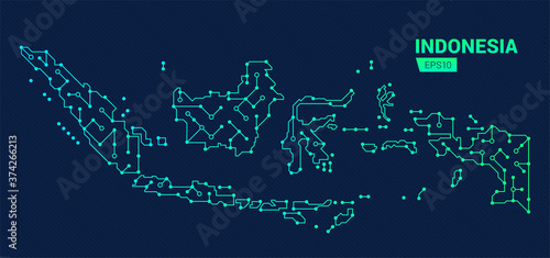 Abstract futuristic map of Indonesia. Electric circuit of the country. Technology background.